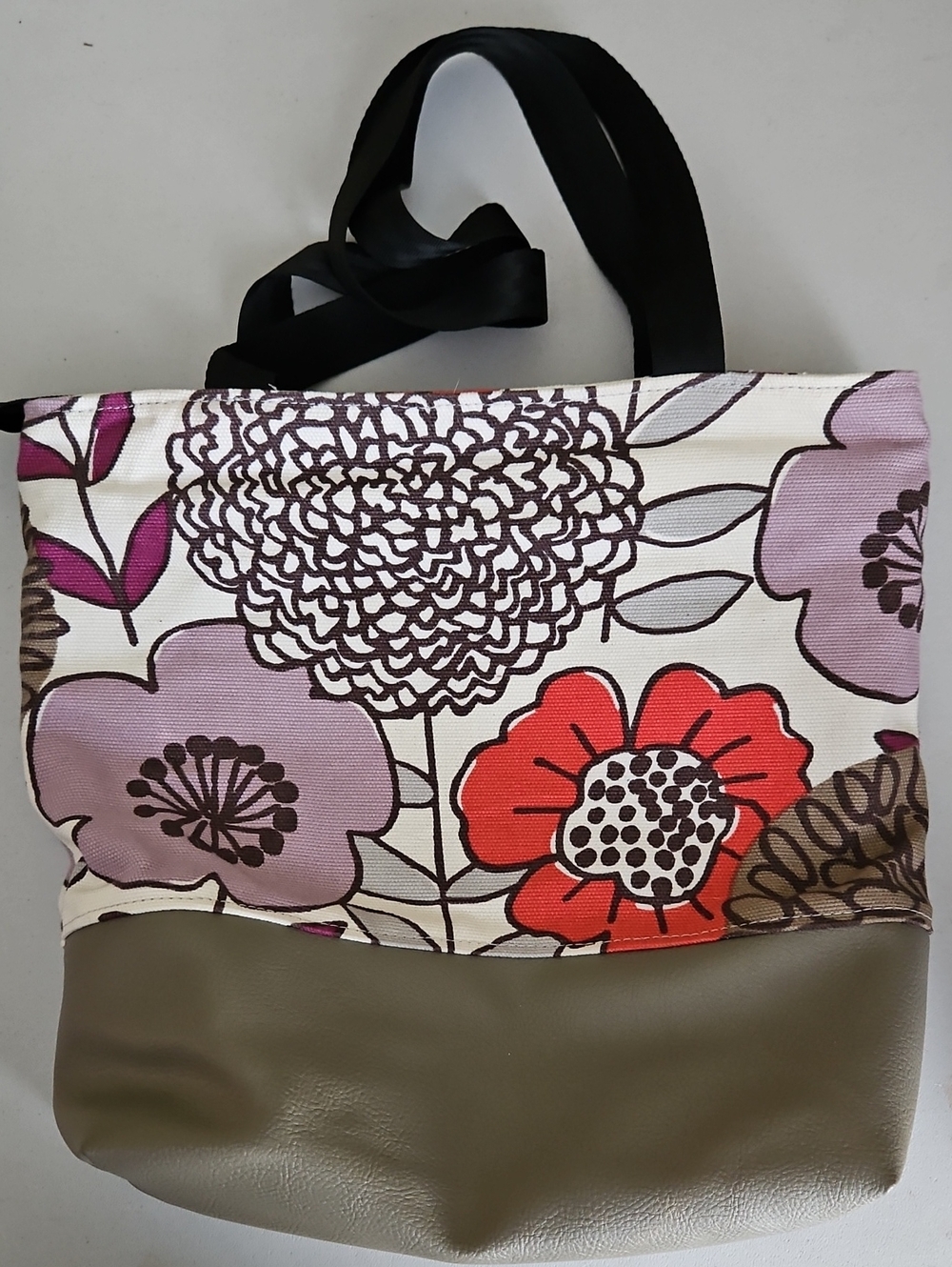 Canvas Floral Tote Bag with Olive Faux-Leather Base